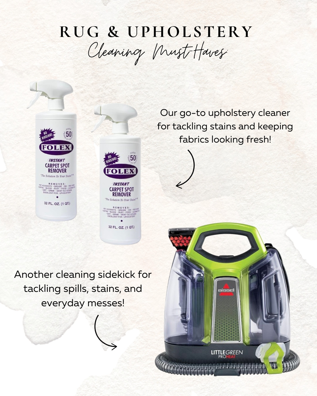 Folex and the Bissell Little Green Machine are two of our go-to rug and upholstery cleaners for tackling messes with ease!

 

 #LTKHome