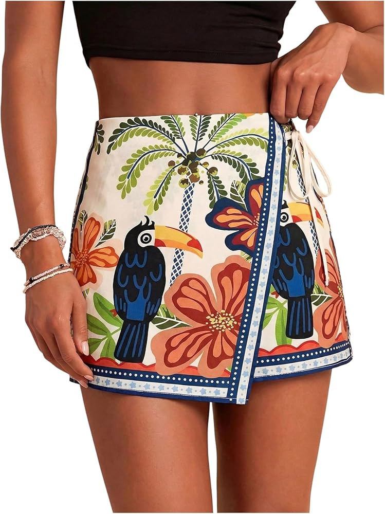 SweatyRocks Women's Boho Mini Skirts Floral Shorts Tie Side Wrap Elastic Waist Summer Skorts Beac... | Amazon (US)