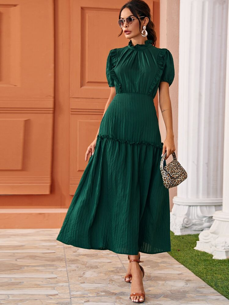 Frill Trim Ruffle Neck A-Line Long Dress | SHEIN
