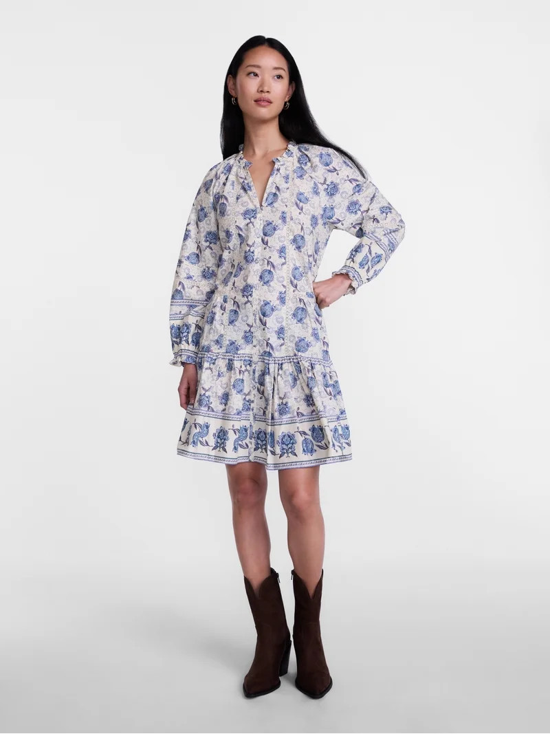 Scenario Women's and Women's Plus Tiered Hem Dress with Long Sleeves, Sizes XS-4X | Walmart (US)