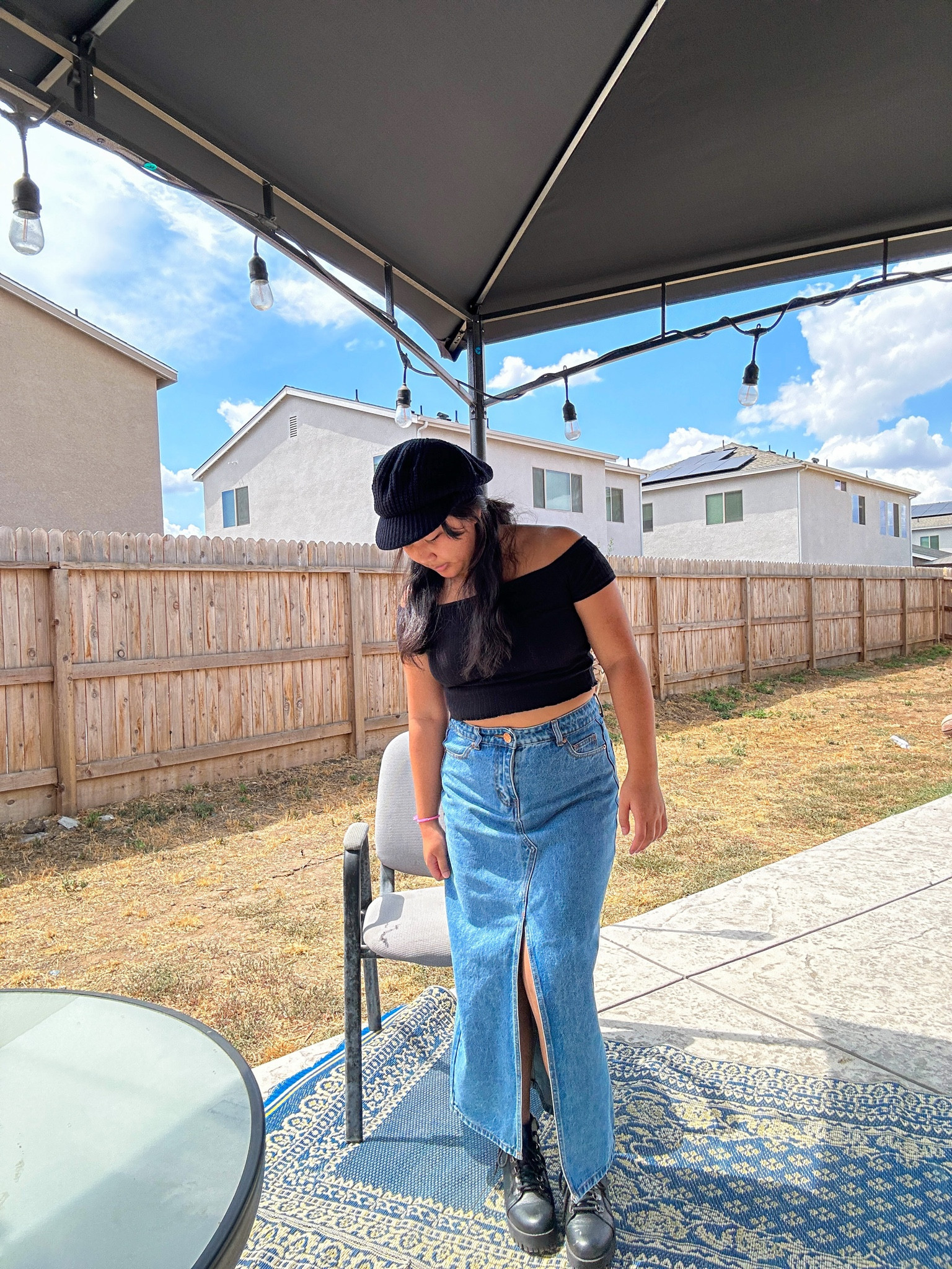 fall outfit idea: denim maxi skirt with a black off the shoulder top, black combat boots and a cabby hat 🏹☕️💌

#LTKstyletip #LTKU #LTKunder50