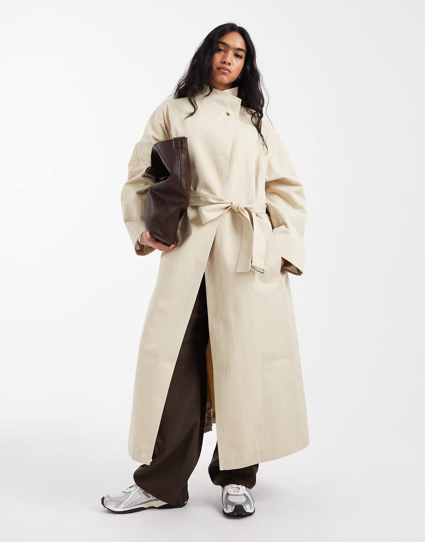 ASOS DESIGN – Hochwertiger Longline-Trenchcoat in Hellbeige mit Stehkragen-Neutral | ASOS (Global)