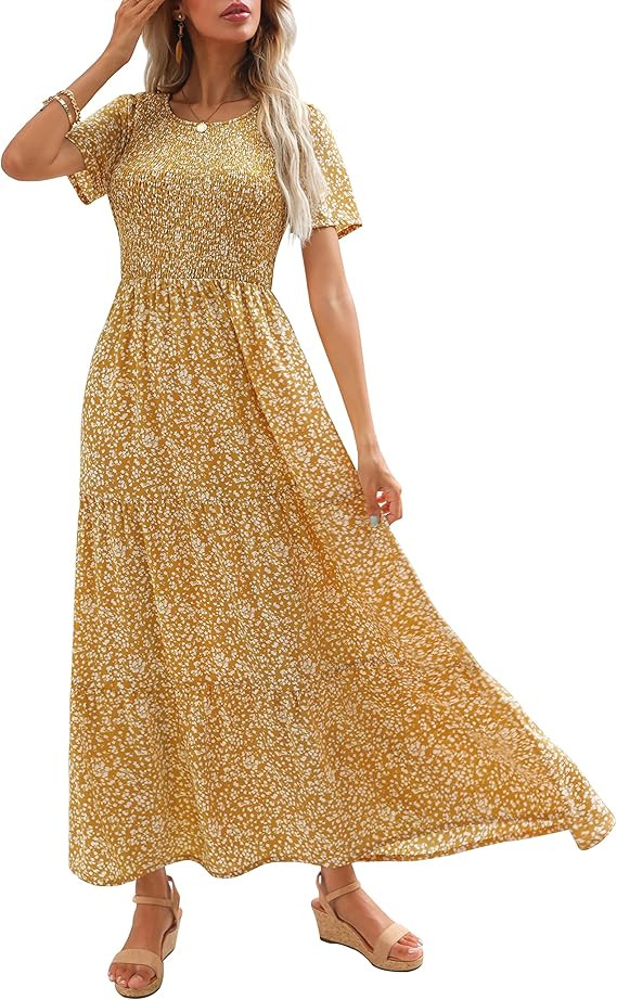 Maggeer Womens 2025 Spring Summer Smocked Wedding Guest Maxi Dress Casual Short Sleeve Floral Boh... | Amazon (US)