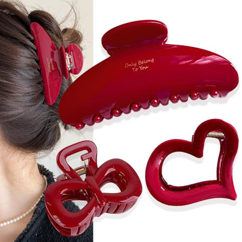 3Pcs Red Hair Clip Set - Red Claw Clip Nonslip Red Clip Hair Accessories,Large Red Claw Clips for Thin Thick Hair,Perfect for Daily Wear, Parties (B) | Amazon (US)