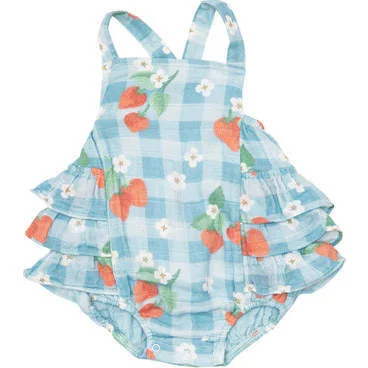 Angel Dear | Strawberry Gingham Ruffle Sunsuit | Organic Cotton (Multicolor, Size 6-12M) | Maisonett | Maisonette