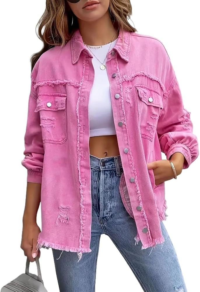 Women's Casual Ripped Denim Jacket Oversized Long Sleeve Button Down Raw Hem Distressed Jean Jack... | Amazon (US)