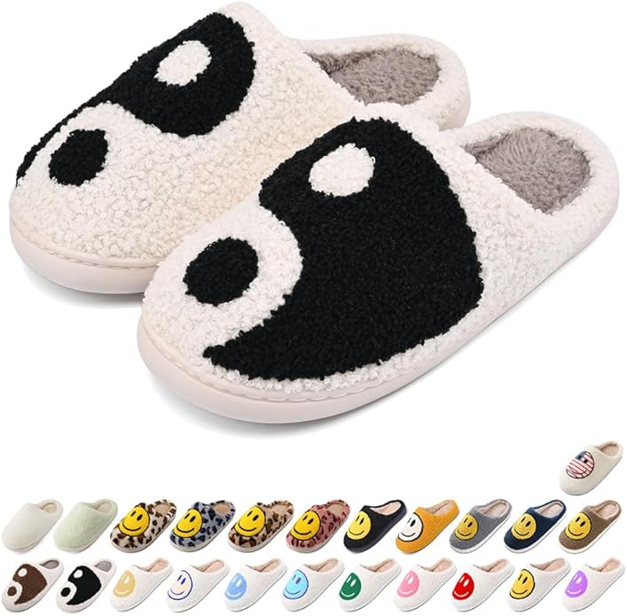 Women's Men's Retro Preppy Happy Face Slippers Comfy Warm Plush Slip-On House Slipper for Winter ... | Amazon (US)