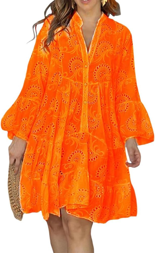 Women's Elegant Lace Hollow Dress Long Sleeve Eyelet V Neck Ruffle Beach Short Dresses,Casual Min... | Amazon (US)