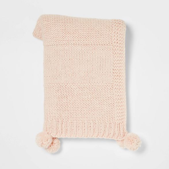 Chunky Knit Throw Blanket with Pom-Poms Blush - Threshold&#8482; | Target