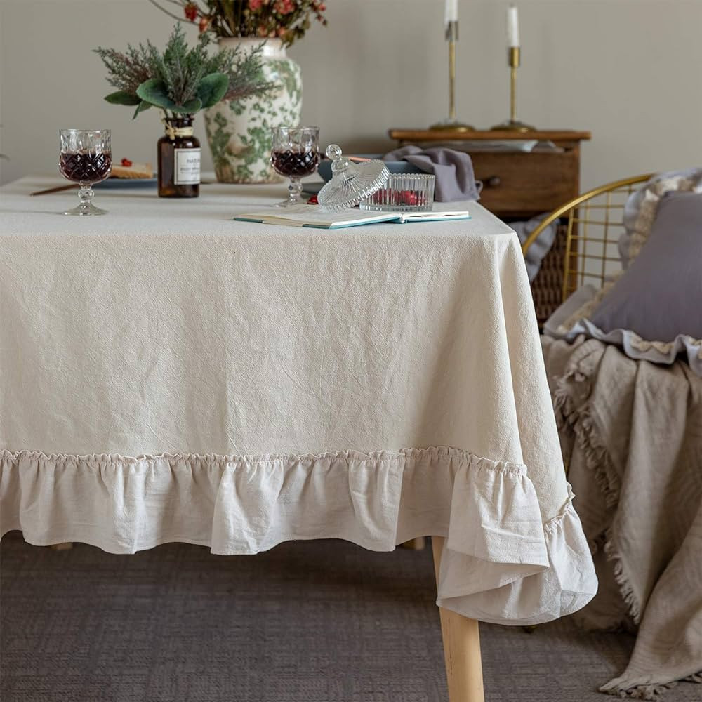 Glory Season Retro Farmhouse Ruffle Tablecloth Cotton Flounces Trim Washable Table Cover Tablecloths for Rectangle Table Baby Shower Kitchen Party Wedding Decor,White, 60''x102'' | Amazon (US)