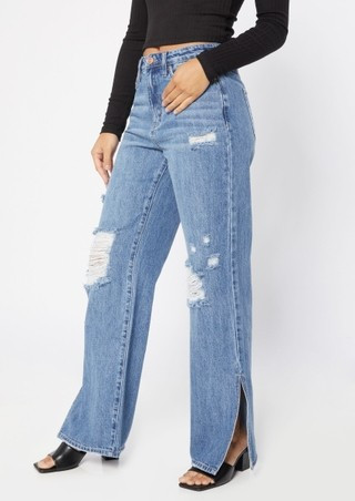 Medium Wash High Rise Ripped Knee Side Slit Wide Leg Jeans | rue21