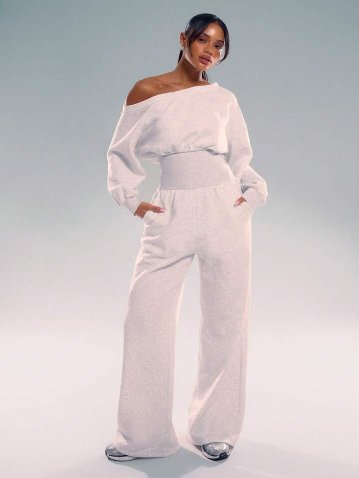 MUSERA Asymmetrical Shoulder Jogger Wide Leg Jumpsuit Cinched Waist | SHEIN