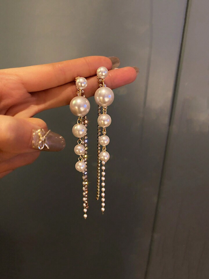 1pair Bridal Rhinestone & Pearl Long Tassel Drop Earrings | SHEIN