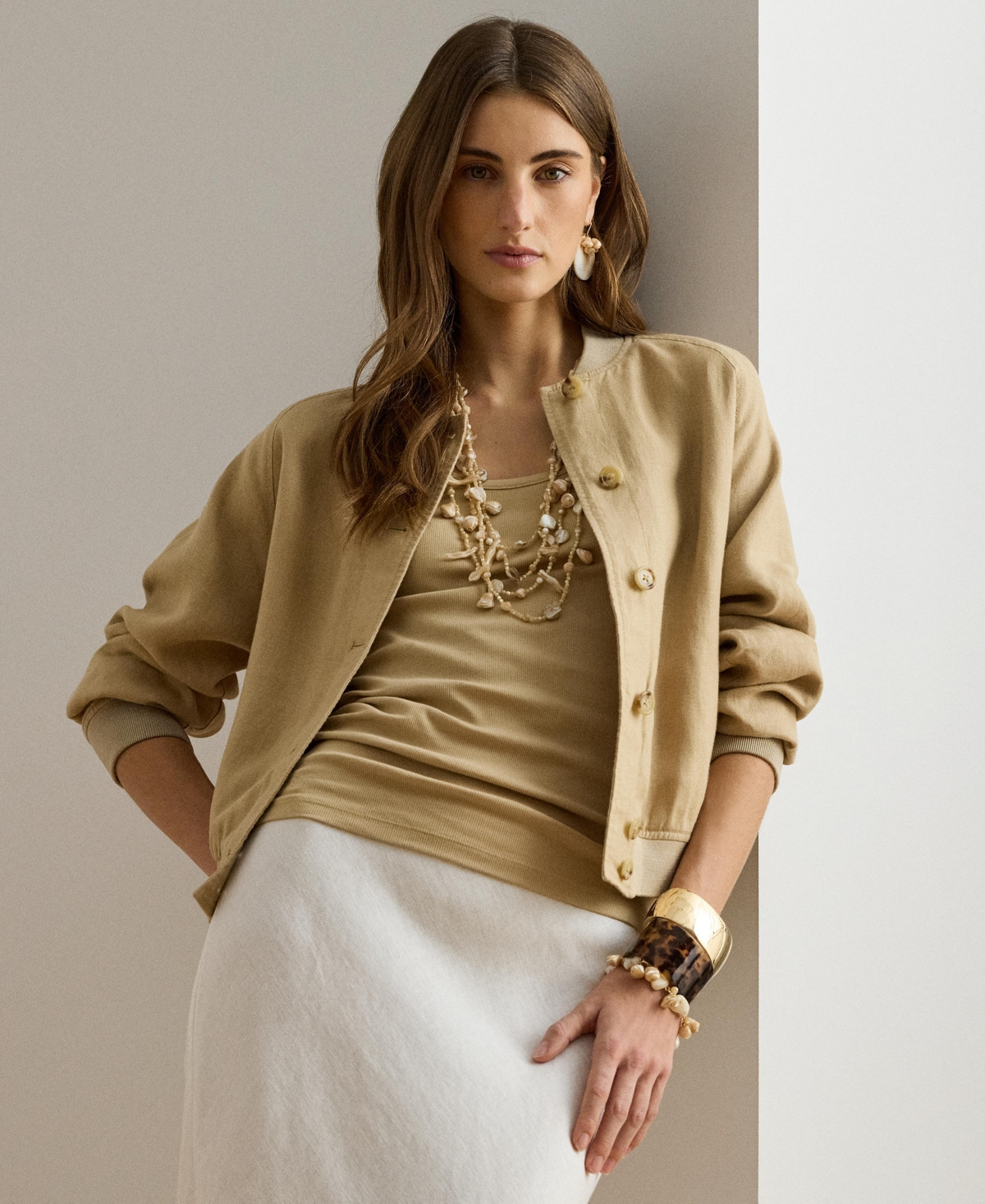 Lauren Ralph Lauren Women's Baseball Collar Bomber Jacket - Birch Tan | Macy's