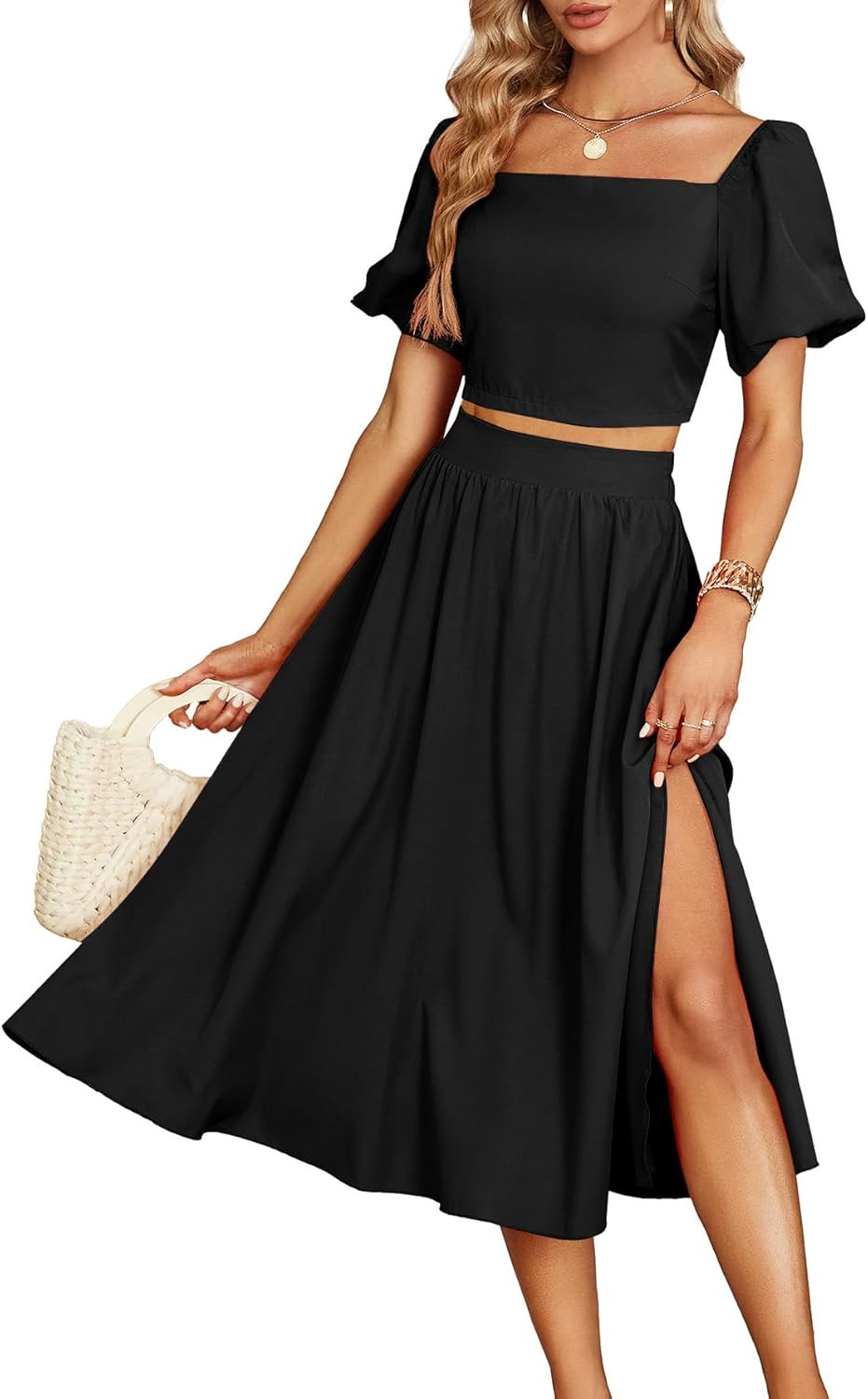 Umenlele Women's 2 Pieces Outfits Puff Short Sleeve Smocked Crop Top Side Split Swing Hem Midi Sk... | Amazon (US)