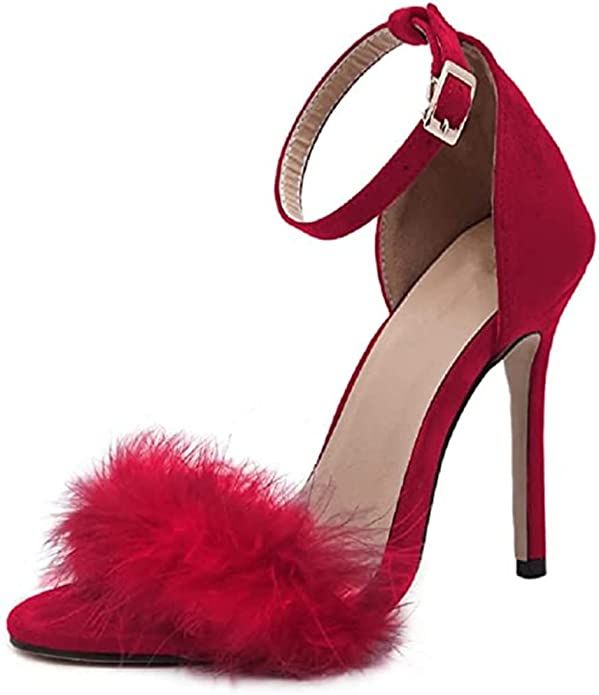 MMJULY Women's Open Toe Ankle Strap Fluffy Feather Stiletto High Heel Dress Sandal | Amazon (US)
