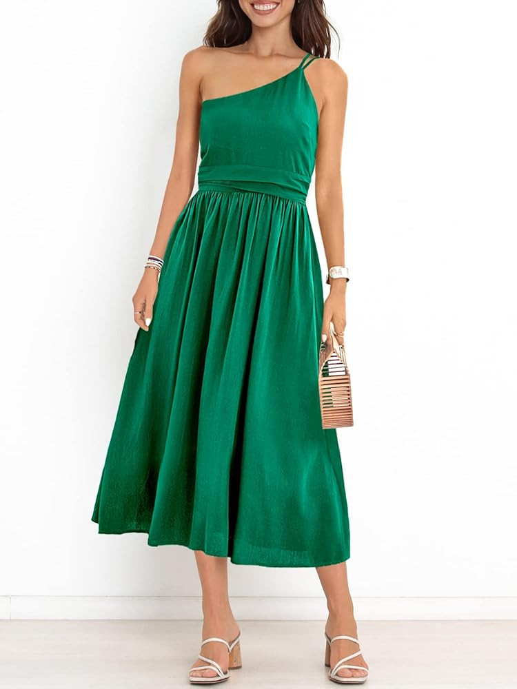 ANRABESS Women's Summer Straps Sundress One Shoulder Sleeveless Pleated High Waist A-Line Flowy Midi | Amazon (US)