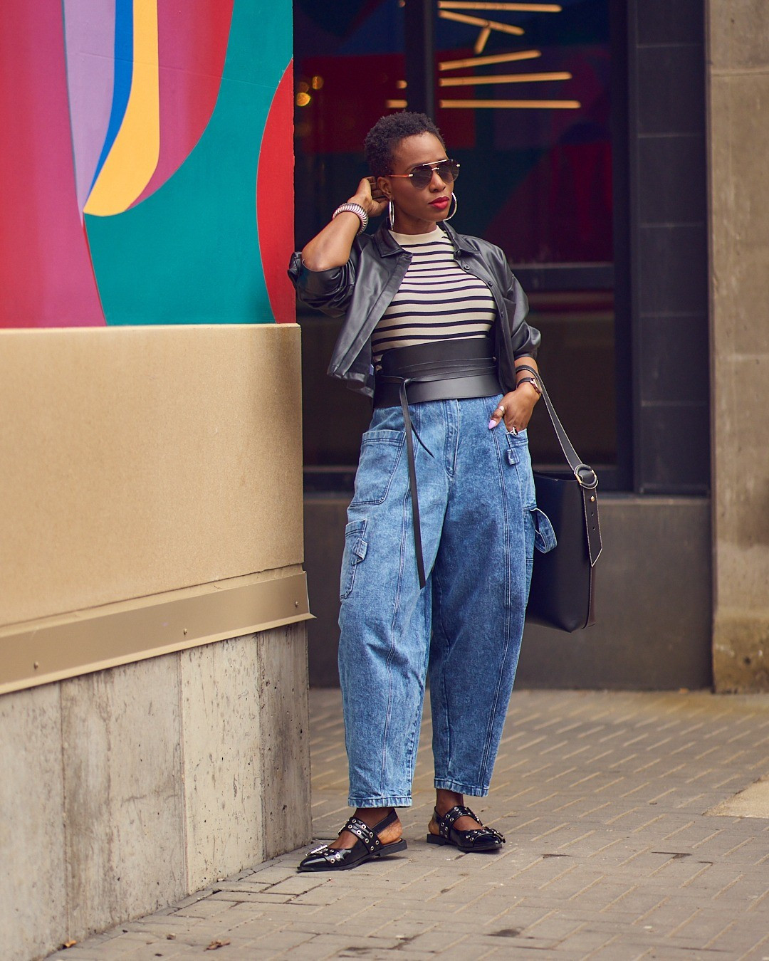 Weekend denim style💙 baggy jeans, jogger pants, Spring outfit ideas, striped tee, flat shoes, Steve Madden Spring shoes, casual chic, leather jacket

#LTKOver40 #LTKStyleTip #LTKShoeCrush