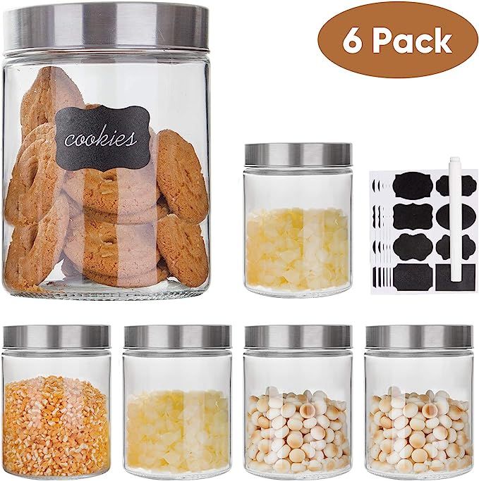 Glass Storage Jars with Stainless Steel Lids For The Kitchen,Set of 6,44 oz | Amazon (US)