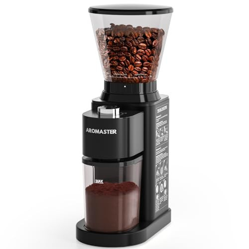 Aromaster Coffee Bean Grinder with 48 Gind Settings, Conical Burr Coffee Grinder for Home Use,Stainless Steel,40 Seconds Adjustable Timer,Anti-static,Easy to Clean with Brush,Black | Amazon (US)