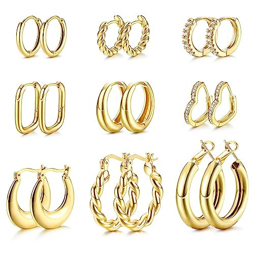 BESTEEL 9 Pairs Gold Hoop Earrings for Women Trendy 14K Gold Plated Chunky Hoop Earrings Hypoallergenic Twist Geometric Heart Huggie Hoops Earrings Non Tarnish Gold Earrings Set for Women Graduation | Amazon (US)