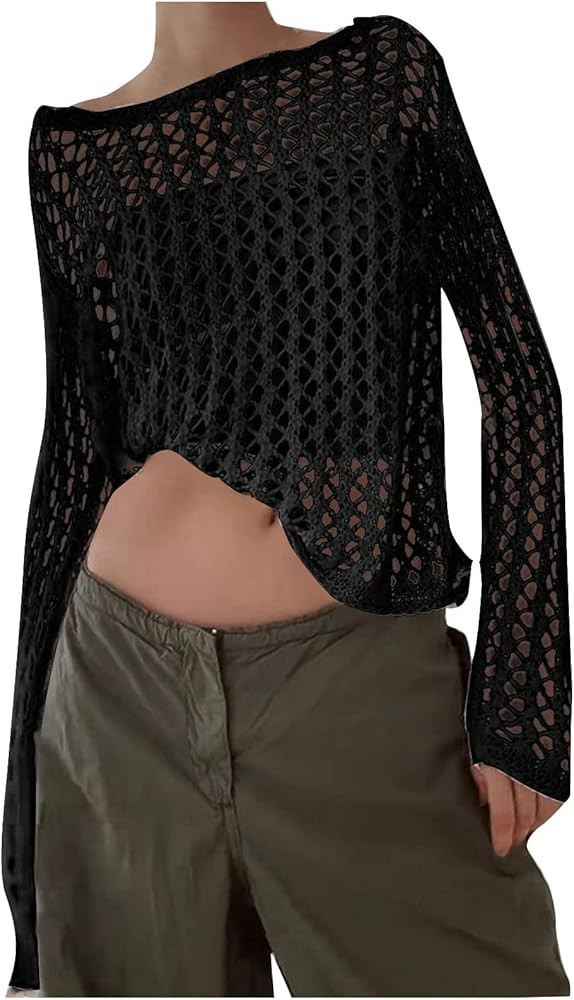 HGps8w Women's Summer Long Sleeve Oversized Pullover Sweaters See Through Crochet Hollow Tops Bea... | Amazon (US)