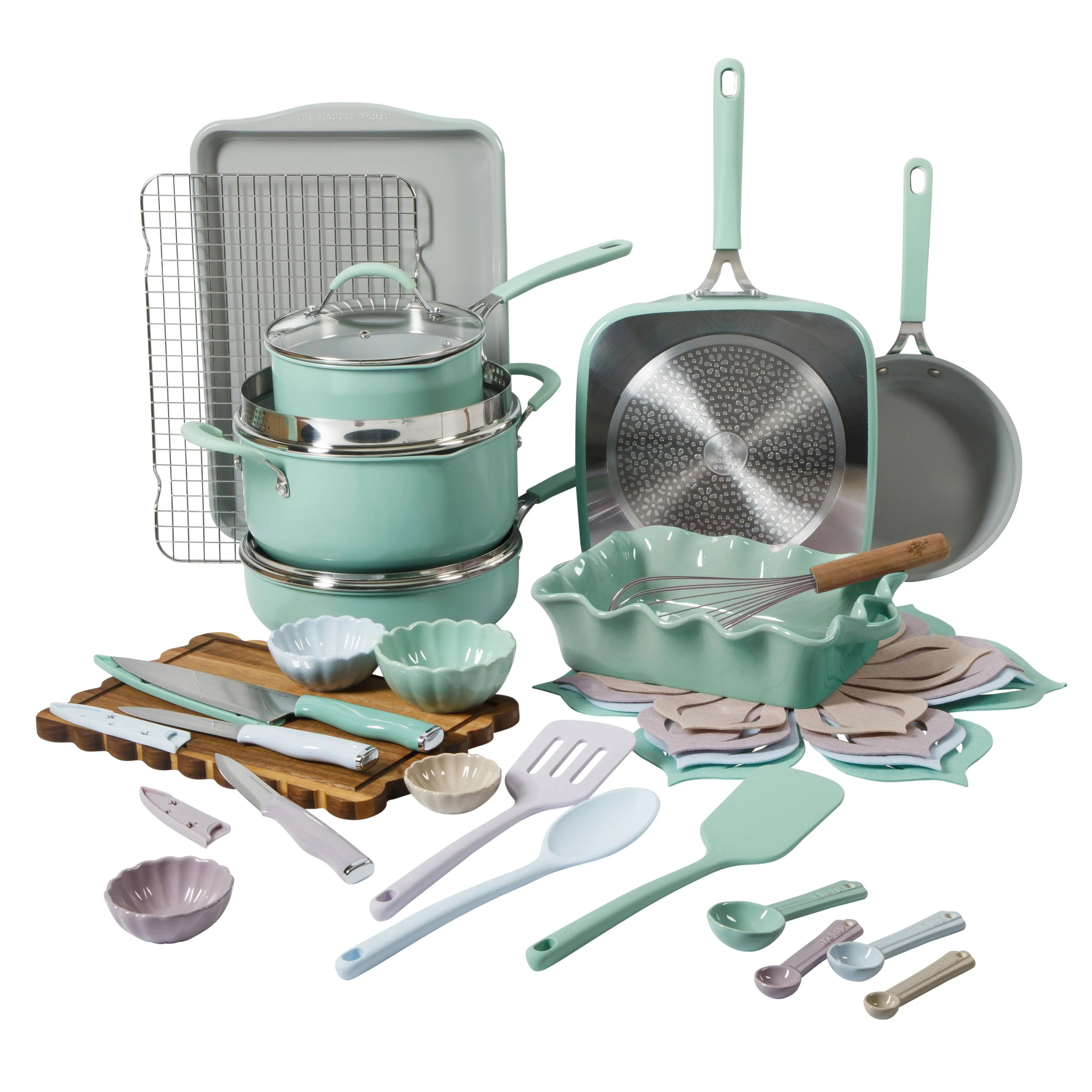 The Pioneer Woman Ceramic Nonstick Cookware and Bakeware Set, Sutton 34-Piece, Green | Walmart (US)