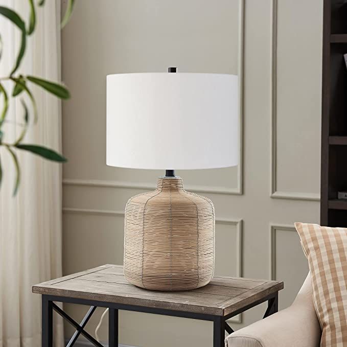 Henn&Hart 20.5" Tall Petite/Rattan Table Lamp with Fabric Shade in Natural Rattan/Brass /White | Amazon (US)