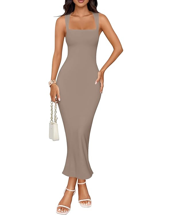 ZESICA Women's Summer Bodycon Midi Dress Sleeveless Square Neck Slim Fit Back Slit Long Cocktail ... | Amazon (US)