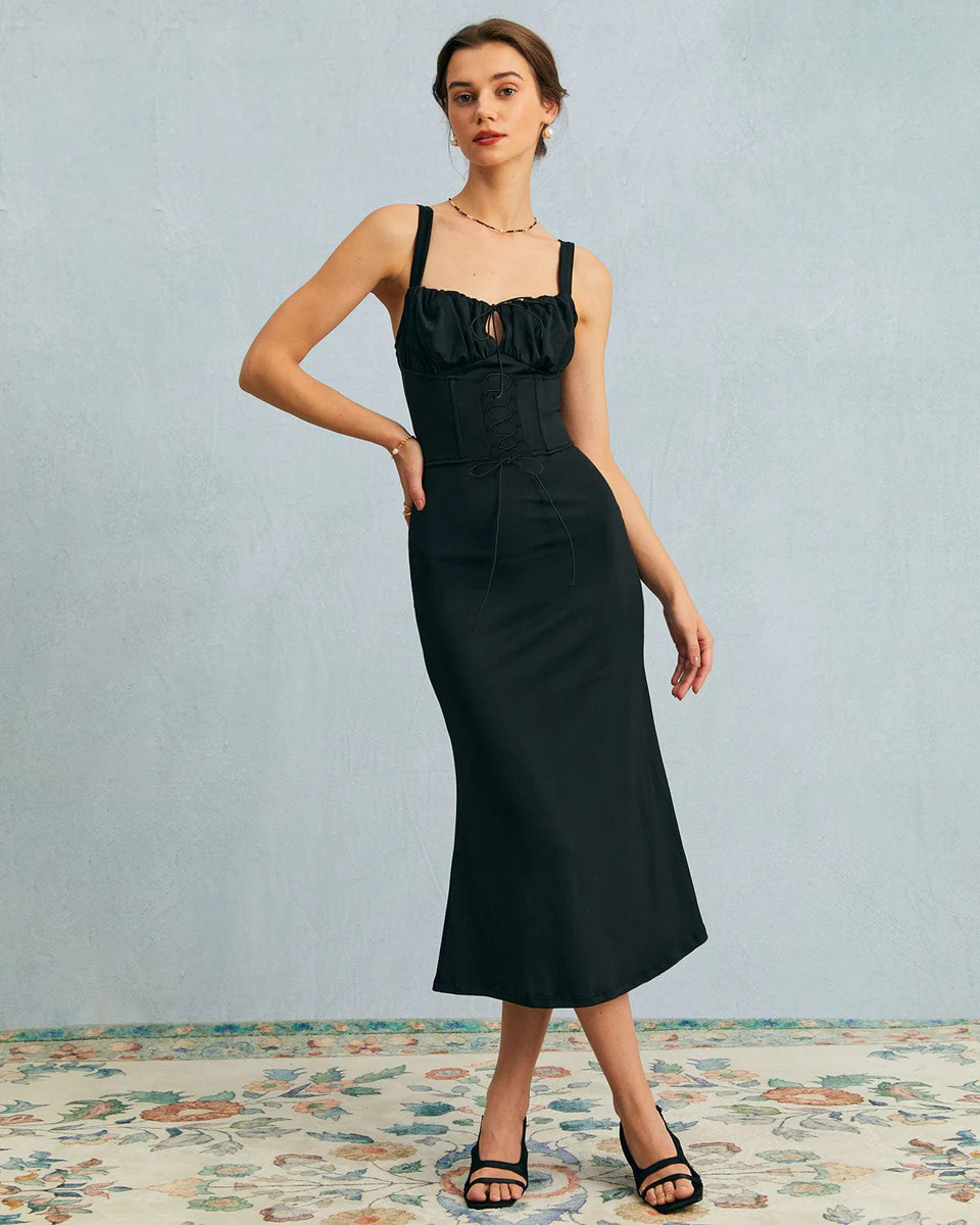 The Black Cutout Tie Front Ruched Bodycon Midi Dress | rihoas.com