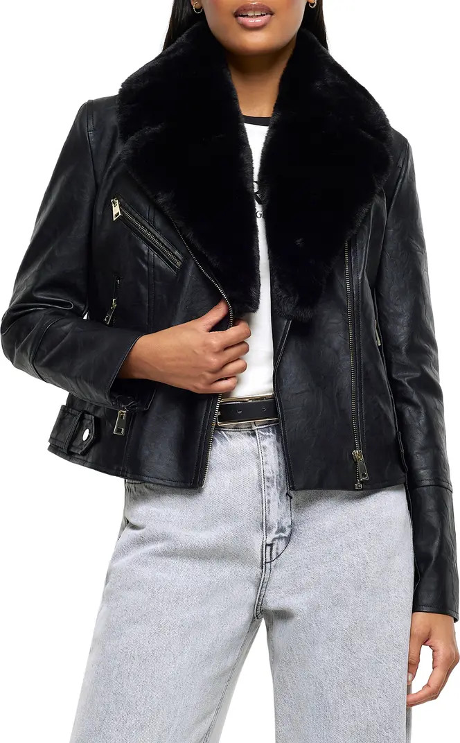River Island Faux Leather Biker Jacket with Removable Faux Fur Trim | Nordstrom | Nordstrom