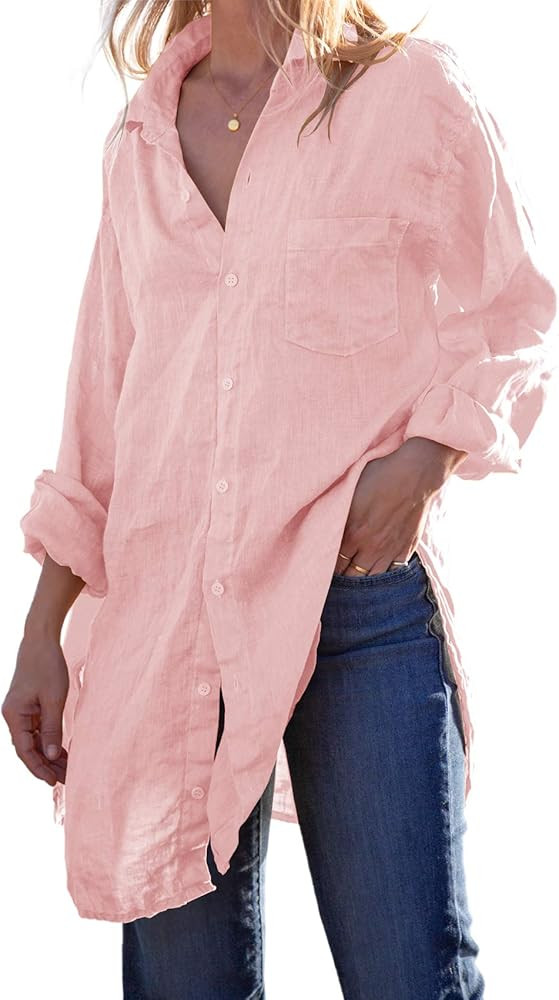 Runcati Womens Button Down Shirts Linen Cotton Long Sleeve Blouse Tunic Tops Cover Up Shirt Loose... | Amazon (US)