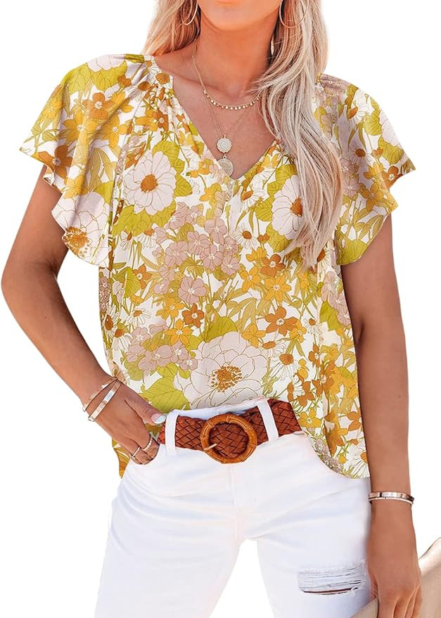 SHEWIN Women's Casual Boho Floral Print V Neck Long Sleeve Loose Blouses Shirts Tops | Amazon (US)