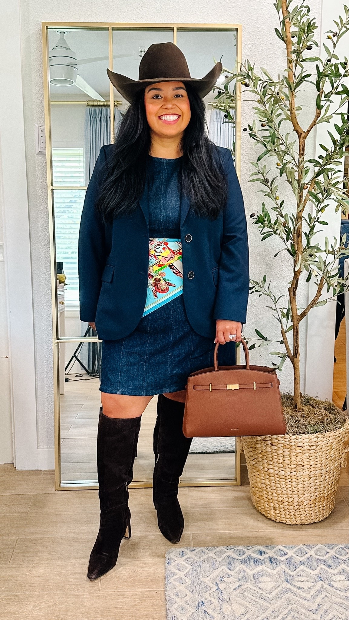 My denim dress I love and it’s from @Spanx . #spanxpartner #spanx 
My scarf is a new arrival from Hermes and it’s vintage from EBay Fashion. 

My handbag is a new fall purchase, and it’s from DeMillier and I’m soo obsessed with it! 

My boots are from @samedelman and are a repeat from last year! I love that they are offered in regular, wide, and extra wide calf. I have the wide calf.

My hat is from American Hat Co. and is a new purchase from this season as well! It’s the perfect chocolate brown, and I can’t wait to wear it so much this season!

petite fall fashion, petite fall outfits, petite fashion, petite style, petite outfit ideas, petite fashion over 40, midsize fashion, midsize fall fashion, midsize fall outfits, midsize outfit ideas, transitional fall outfits, fall layering ideas, what to wear this fall, fall fashion trends 2026 chocolate brown fall outfit, plaid fall outfit,  suede fall outfit,  fall preppy outfit, fall jewel tones, fall neutrals, fall layering, fall boots outfit, Smiles and Pearls

#LTKootd #LTKMidsize #LTKWorkwear