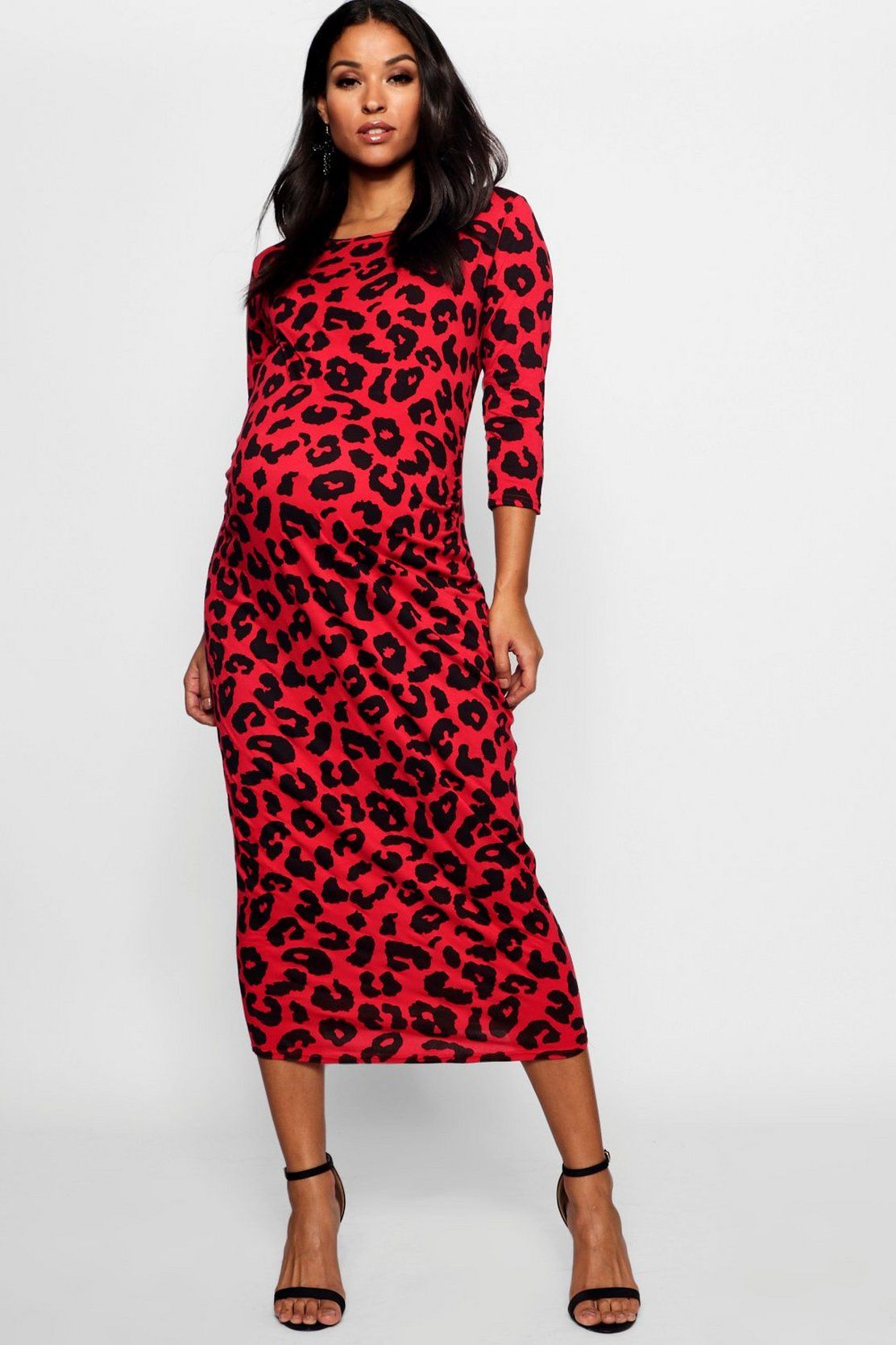 Maternity Leopard Print 3/4 Sleeve Midi Dress | Boohoo.com (US & CA)