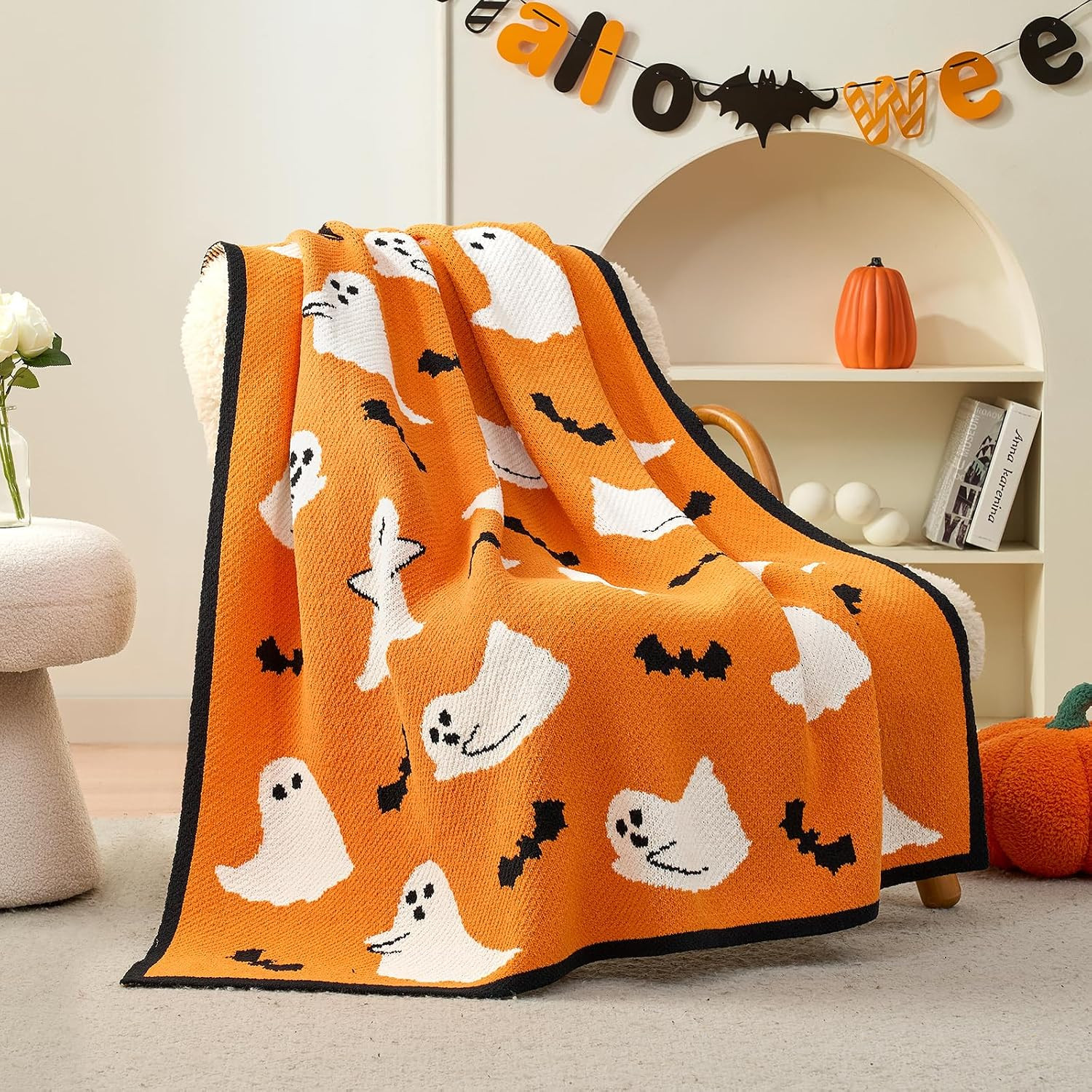 Amélie Home Reversible Halloween Throw Blanket for Couch, Spooky Halloween Ghost Cute Terror Scence, Chenille Knit Soft Cozy for Sofa Home Decor Gifts, 50" x 60", Orange Ghost | Amazon (US)