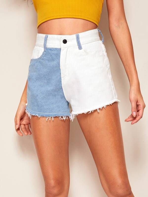 Color Block Raw Hem Denim Shorts | SHEIN