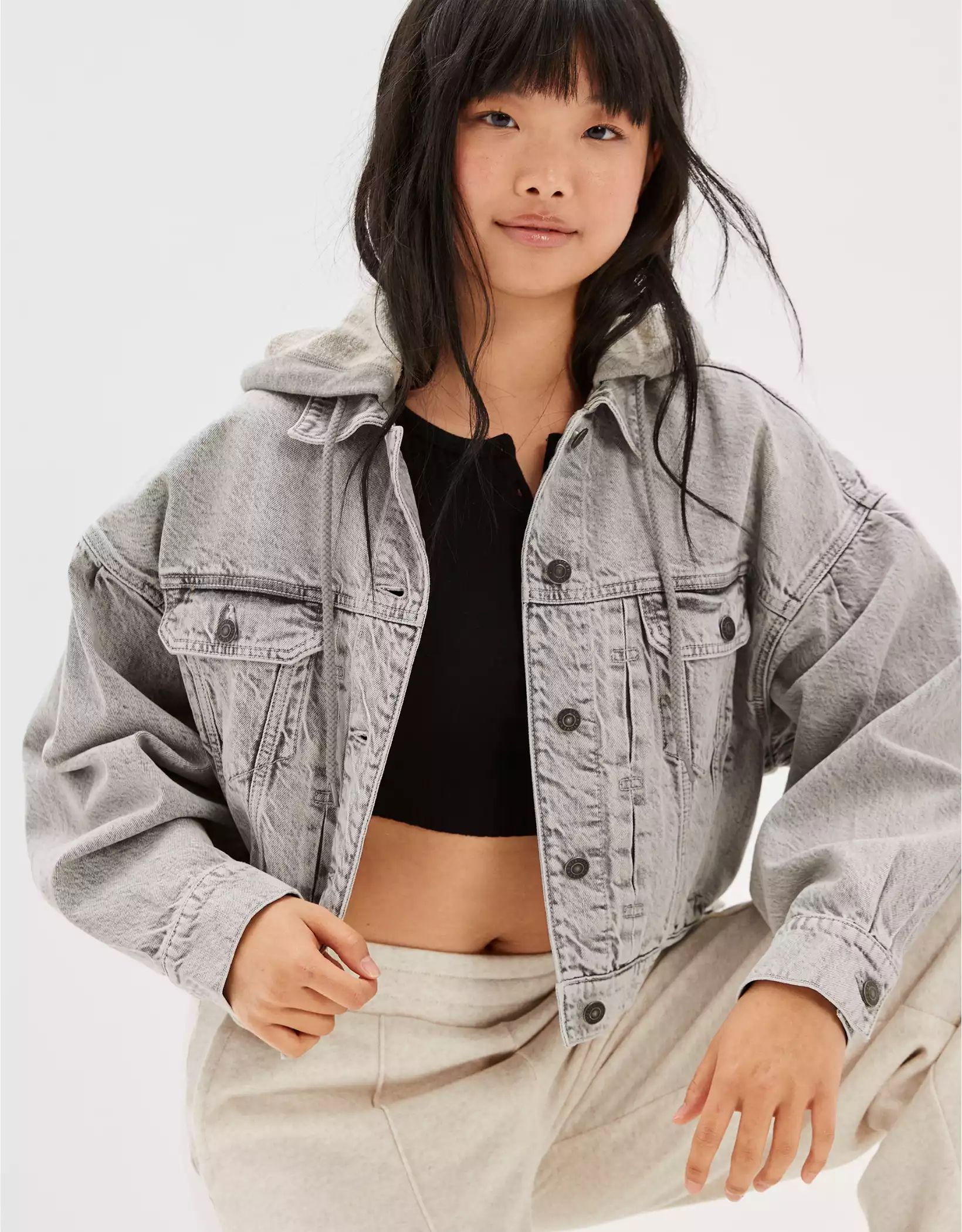 AE Cropped Hooded Denim Jacket | American Eagle Outfitters (US & CA)
