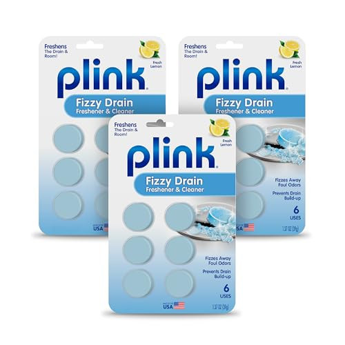 Plink Fizzy Drain Freshener and Cleaner, Prevents Clog Buildup and Removes Sink Odors in Bathrooms, Kitchens, and Homes, Septic-Friendly, Lemon Scent, 3 Packs of 6, 18 Tablets Total | Amazon (US)
