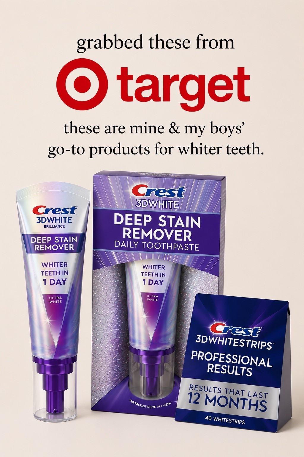 Grabbed these from Target and had to share! #Ad🤍 These are mine & my boys' go-to products for a brighter smile. We've used the Crest 3D Whitestrips for years, and I've been loving the Crest Deep Stain Remover toothpaste lately. The pump dispenser is such a game changer, especially with boys 😂 I honestly wish every toothpaste came like this! Linking them here if you want to grab them too.  @Target  @crest #TargetPartner #oralcareroutine

#LTKmomlife #LTKHome #LTKBeauty