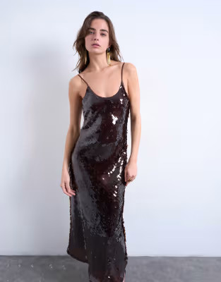 Sequin maxi slip dress in chocolate | Topshop
