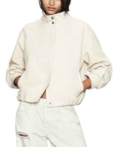 Megfie Women's Cropped Utility Jacket Funnel Neck Coat with Side Pockets(1164-Beige-L) | Amazon (US)