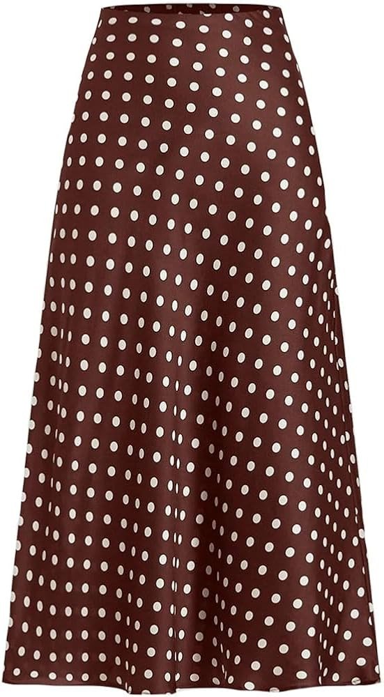 LOFAAC Women Elegant Polka Dot Satin Midi Skirts Vintage High Waisted Flowy Swing Going Out Silk ... | Amazon (US)