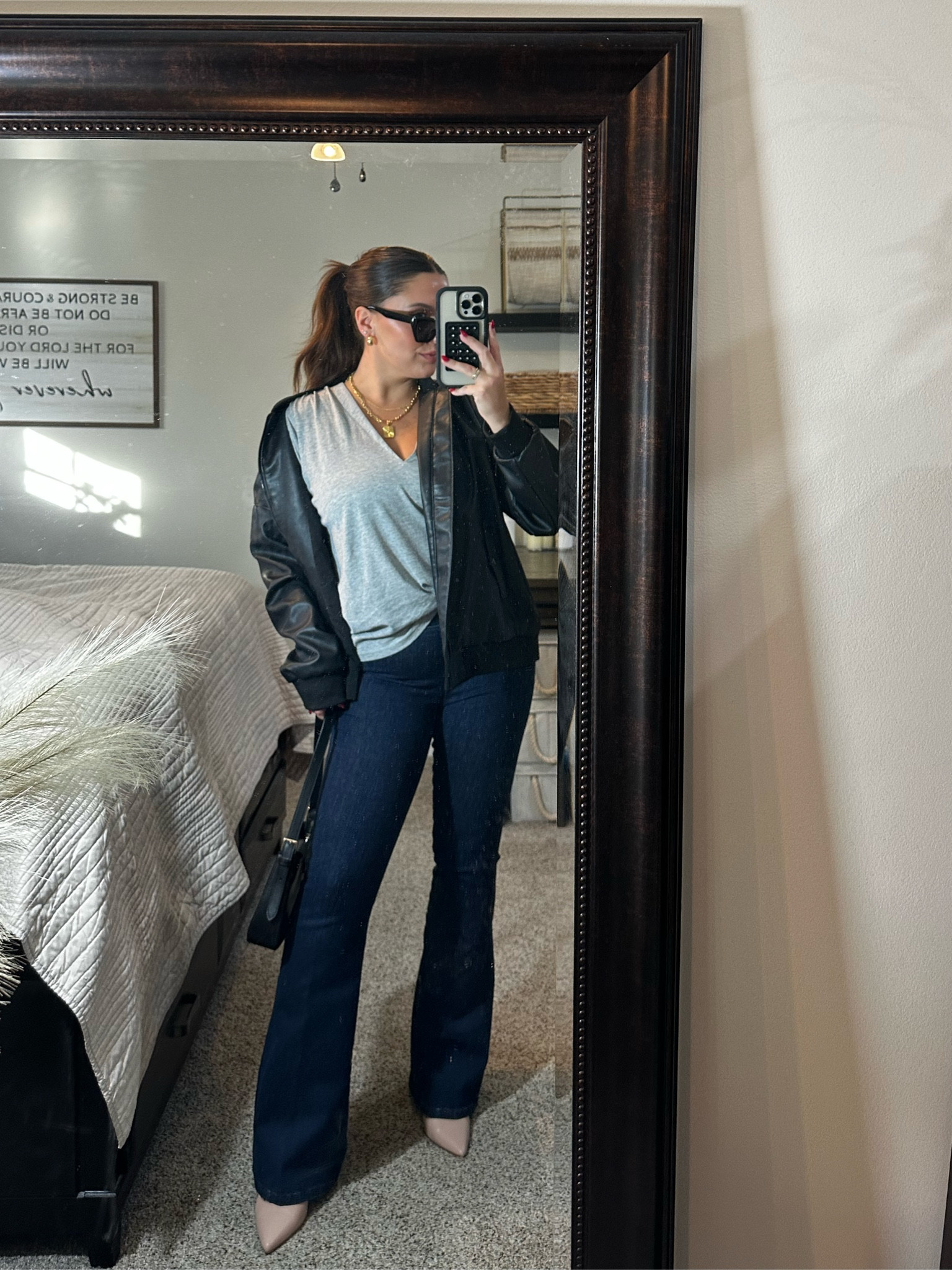 Obsessed with this leather jacket - sized up to large for a little extra room! 