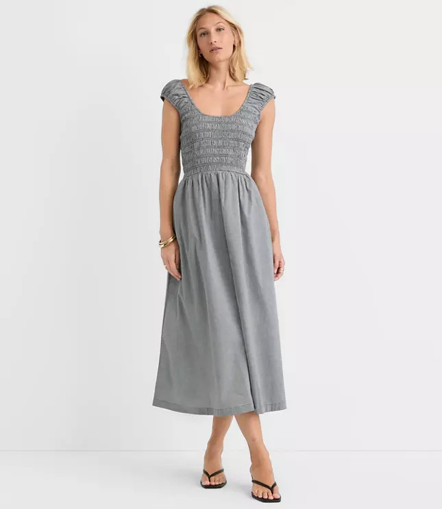 Petite Gingham Smocked Cap Sleeve Midi Pocket Dress | LOFT