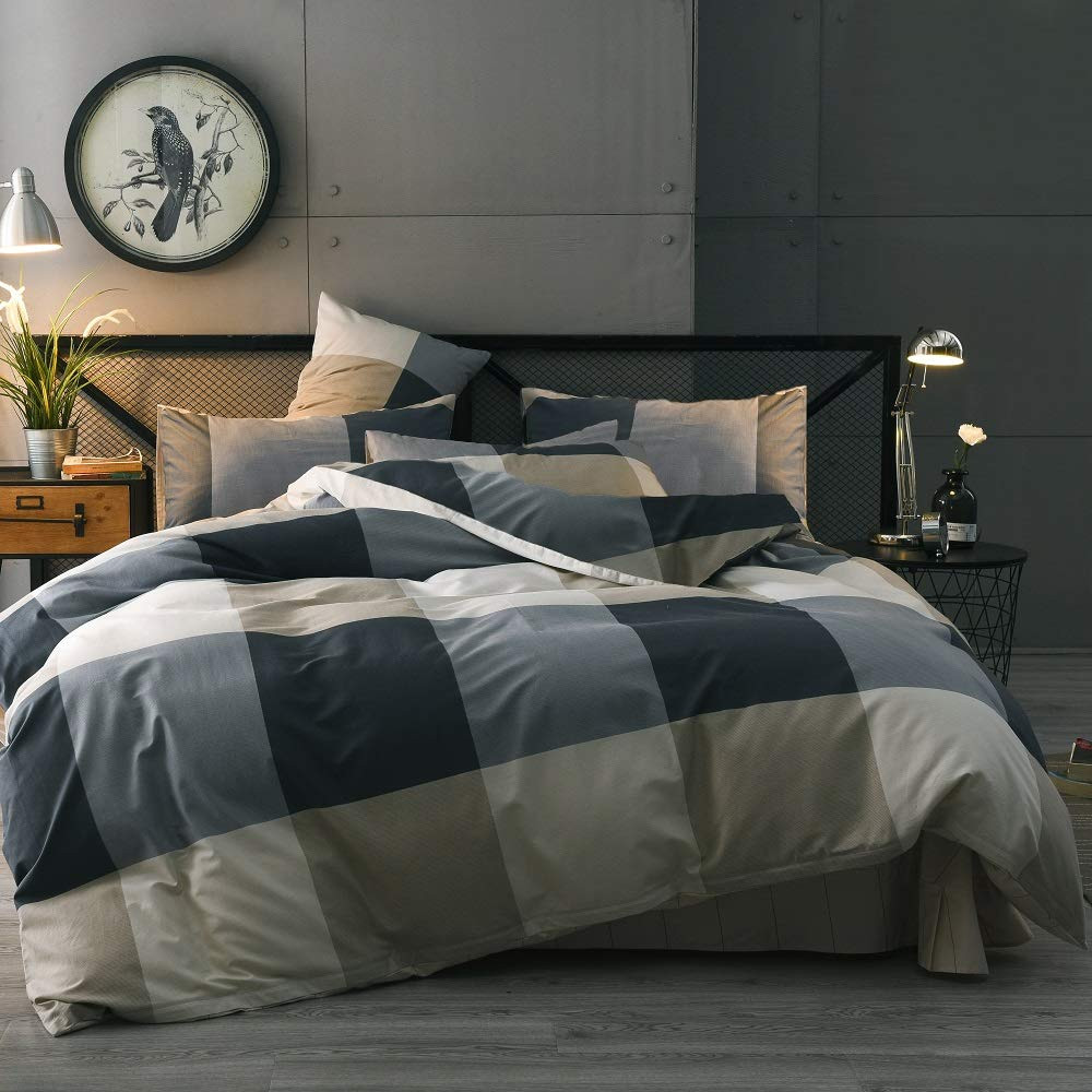 Cotton Grid Plaid Duvet Cover Set Queen Modern Reversible Checkered Bedding Set Hotel Quality 3 P... | Amazon (US)