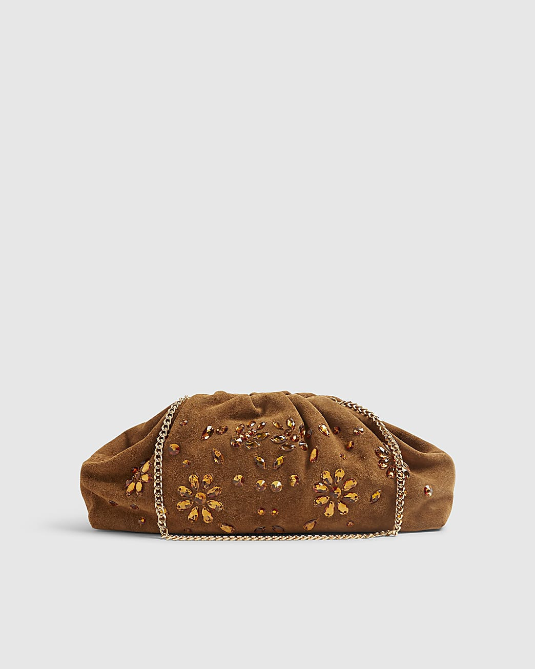 Brown Suede Embellished Ruched Clutch Bag | River Island UK & IE