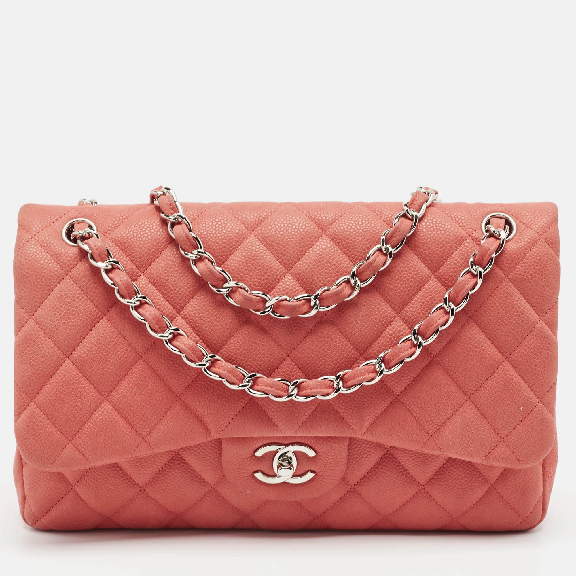 Chanel Coral Pink Caviar Leather Jumbo Classic Double Flap Bag | Shop Simon