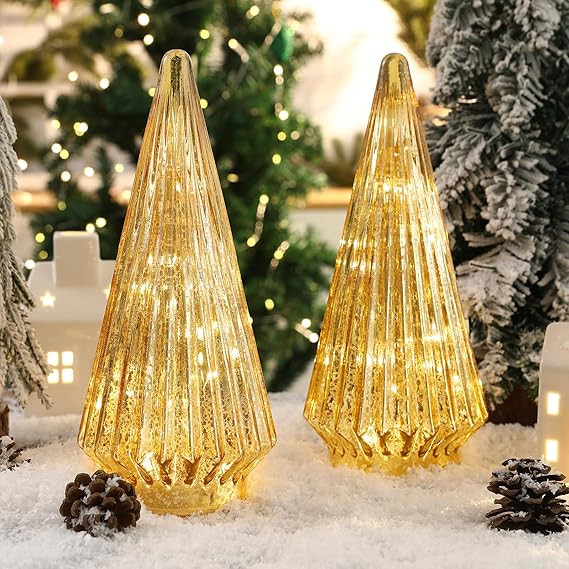 Christmas Decorations Indoor-2PCS Light Up Gold Glass Christmas Tree -Christmas Table Decorations... | Amazon (US)