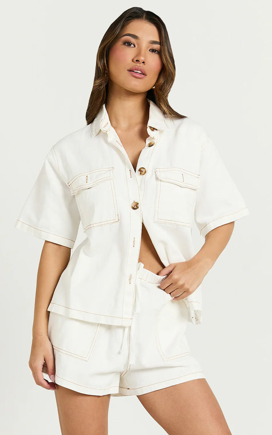 Brydie Two Piece Top and shorts Set - Denim Short Set in White | Showpo (US, UK & Europe)